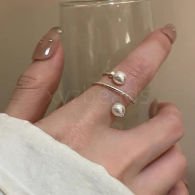 Alloy with Plastic Pearl Round Bead Adjustable Cuff Open Rings for Women FS-WGFAAAF-01-1