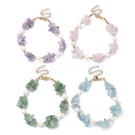 4Pcs 4 Style Natural Mixed Gemstone Chips & Pearl Beaded Bracelets Set BJEW-TA00349-1