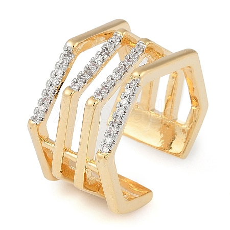 Hexagon Brass Micro Pave Clear Cubic Zirconia Multi-layer Open Cuff Ring for Women RJEW-Q819-17G-1