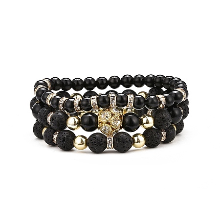 3Pcs 3 Style Natural Obsidian & Lava Rock & Synthetic Hematite Brass Beaded Stretch Bracelets Set BJEW-JB09132-1