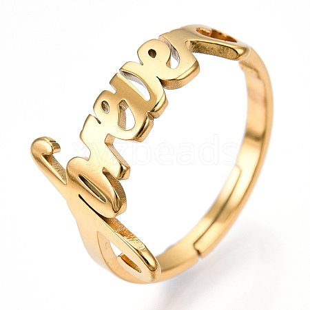 Ion Plating(IP) 304 Stainless Steel Heart with Word Forever Adjustable Ring RJEW-T027-05G-1