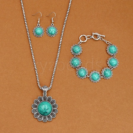 Flower Alloy with Synthetic Turquoise Pendant Necklaces & Dangle Earrings & Link Bracelets Sets WGD1135-17-1