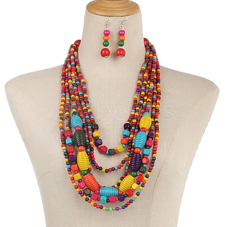 Handmade Wood Beads Multi-Layer Necklaces & Dangle Earrings Set SJEW-A001-01B-1