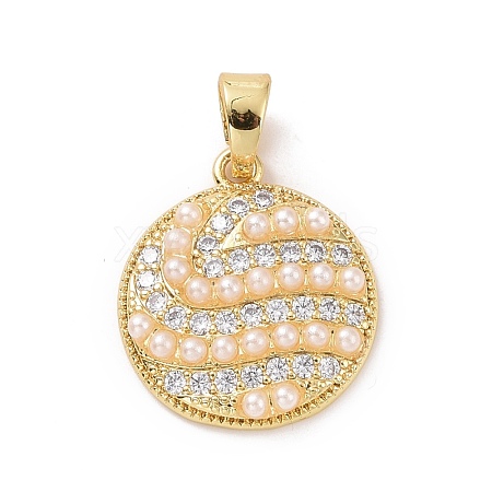 Flat Round Brass Micro Pave Clear Cubic Zirconia Pendants KK-G406-23G-1