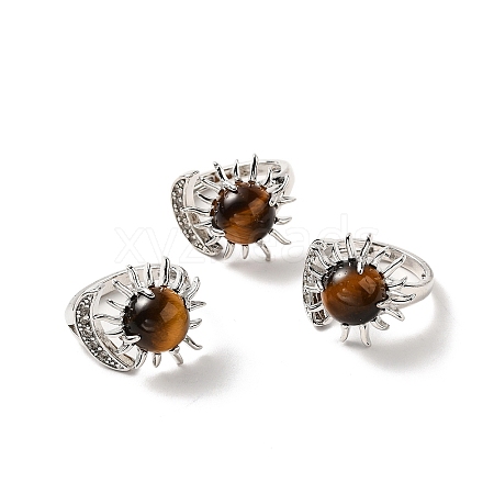 Natural Tiger Eye Sun & Moon Open Cuff Rings RJEW-K241-01P-07-1