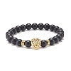 Synthetic Black Stone Round Beaded Stretch Bracelet with Brass Lion BJEW-JB07864-03-1