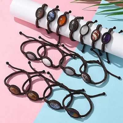 Adjustable Oval Natural Gemstone Braided Bead Bracelets BJEW-H626-02-1