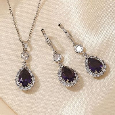 Brass Micro Pave Clear Cubic Zirconia & Glass Teardrop Pendant Necklaces & Earrings Sets for Women RT7280-1