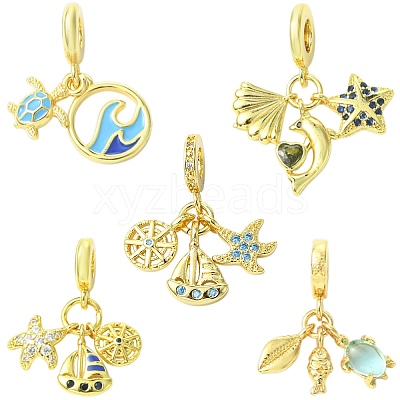 5Pcs 5 Styles Brass Pave Cubic Zirconia European Dangle Charms KK-CJ0004-01-1