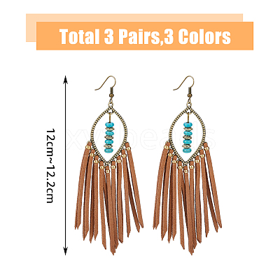 3 Pairs 3 Colors Imitation Leather Tassel Chandelier Earrings EJEW-FI0002-37-1