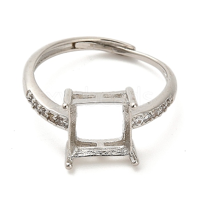 Square Brass Micro Pave Clear Cubic Zirconia Adjustable Ring Components KK-NH0001-20P-1