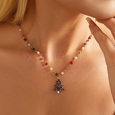 Christmas Alloy & Brass Red and Green Enamel Pendant Colorful Resin Beaded Necklaces for Women FS-WGF8F07-06-1