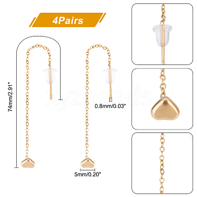 4Pairs 304 Stainless Steel Ear Thread with Heart for Women STAS-UN0035-81-1
