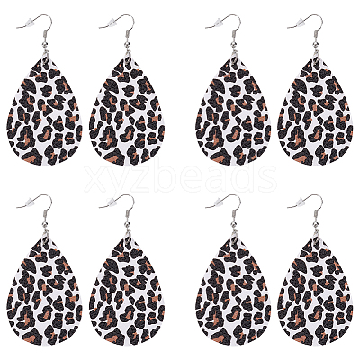 4 Pairs Artificial Leather Teardrop with Leopard Print Dangle Earrings EJEW-UN0002-92A-1