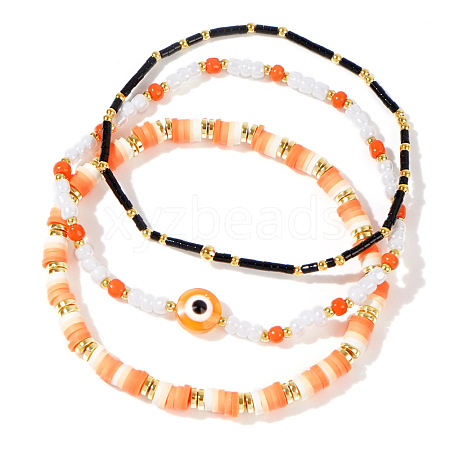 3Pcs Halloween Evil Eye Polymer Clay & Glass Beaded Bracelet Sets NV8085-1