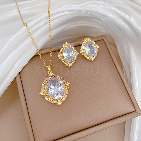 Brass Micro Pave Cubic Zirconia Pendant Necklace & Stud Earrings WG7AC39-143-1