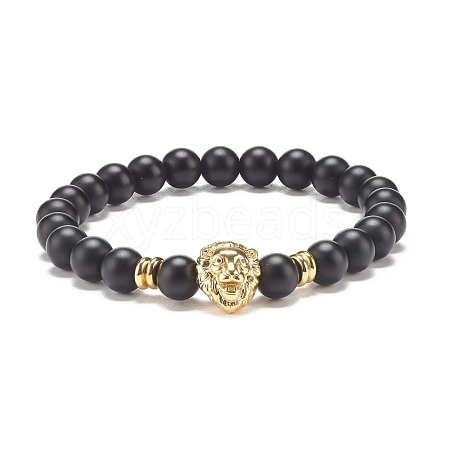 Synthetic Black Stone Round Beaded Stretch Bracelet with Brass Lion BJEW-JB07864-03-1