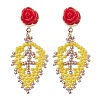 Rose with Leaf Seed Beads Stud Earrings EJEW-MZ00222-01-1