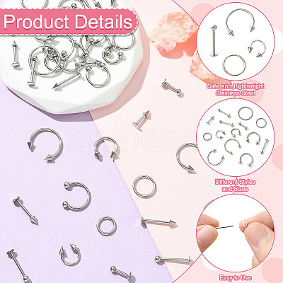 40Pcs 20 Styles 316L Surgical Stainless Steel & 316 Surgical Stainless Steel Hoop Nose Rings & Labrets AJEW-CJ0001-73-1