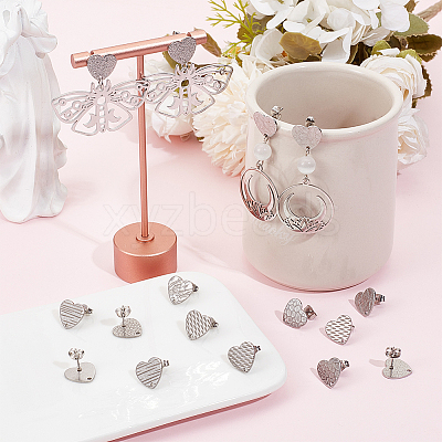 48Pcs 6 Styles Textured Heart 304 Stainless Steel Stud Earring Findings STAS-SP0001-48-1