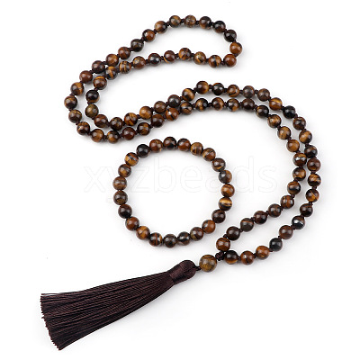 Natural Tiger Eye Round Beaded Pendant Necklaces & Bracelets Sets FS-WG9D102-06-1