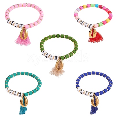 5Pcs 5 Colors Word Love Beads Stretch Bracelets Set for Girl Women BJEW-SZ0001-97-1