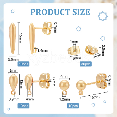 30Pcs 3 Style Ball & Teardrop Brass Stud Earring Findings KK-BC0012-24-1