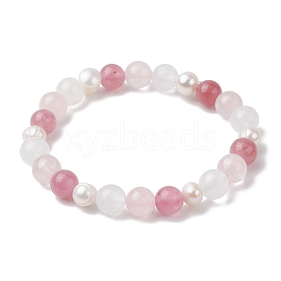 Natural Rose Quartz & Strawberry Quartz & Pearl Round Beaded Stretch Bracelets for Women BJEW-JB11041-05-1