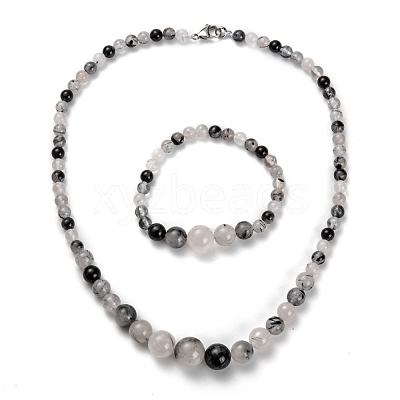 Natural Tourmalinated Quartz Graduated Beaded Necklaces & Stretch Bracelets Jewelry Sets SJEW-H304-01D-1