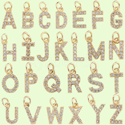 26Pcs 26 Styles Real 18K Gold Plated Brass Micro Pave Clear Cubic Zirconia Charms KK-BBC0018-09-1