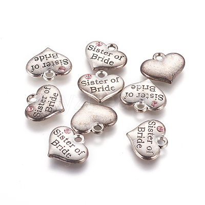 Wedding Theme Antique Silver Tone Tibetan Style Heart with Sister of Bride Rhinestone Charms TIBEP-N005-06C-1