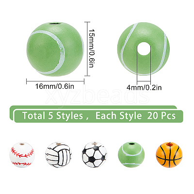100Pcs 5 Style Painted Natural Wood European Beads WOOD-SC0001-40-1