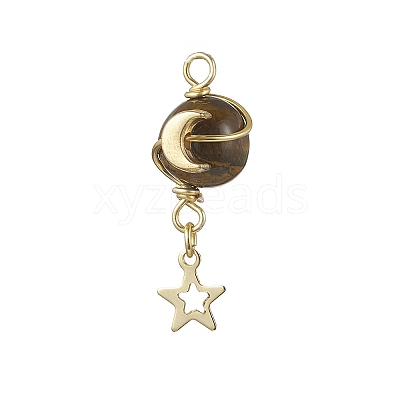 5Pcs 5 Styles Synthetic Moonstone & Imperial Jasper & Natural Tiger Eye & Carnelian(Dyed & Heated) & Yellow Jade Round Copper Wire Wrapped Planet Pendants PALLOY-JF04546-S-1