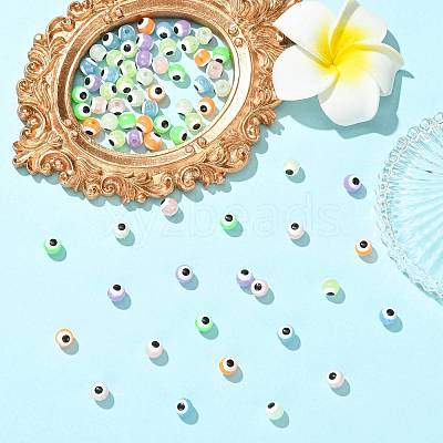 70Pcs 7 Colors Luminous & Printed Opaque Acrylic Beads LACR-FS0001-01-1