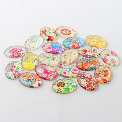 Multi-Color Floral Pattern Theme Ornaments Glass Oval Flatback Cabochons GGLA-A003-30x40-SS-1