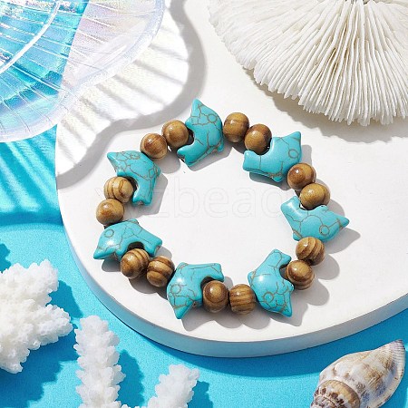 Beach Dolphin Dyed Synthetic Turquoise Stretch Bracelets BJEW-JB10292-02-1