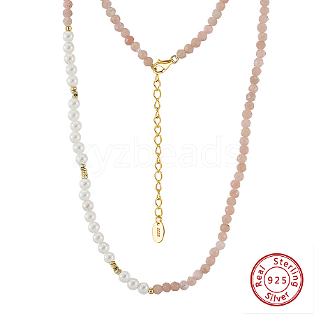 Faceted Round Natural Pink Opal & Shell Pearl Beaded Necklaces NJEW-L125-005G-02-1