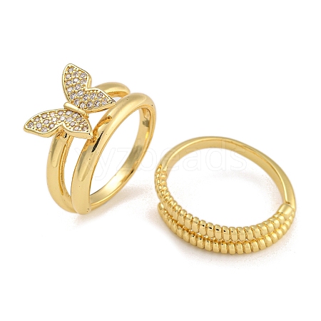 2Pcs 2 Styles Brass Micro Pave Cubic Zirconia Adjustable Rings for Women RJEW-P127-16G-1