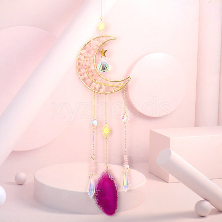 Wire Wrapped Natural Rose Quartz Moon with Tree of Life Pendant Decorations HJEW-K046-07G-05-1