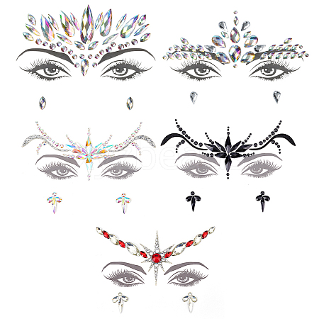 Olycraft 5 Sheets 5 Style Self Adhesive Resin Rhinestone Face Gems Stickers AJEW-OC0003-76-1