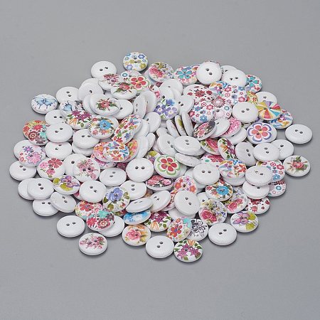 2-Hole Printed Wooden Buttons WOOD-TAC0003-51-1