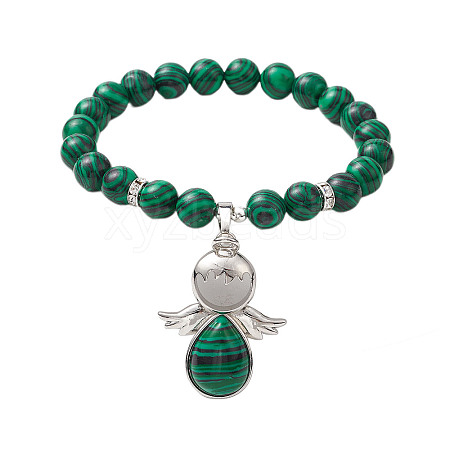 Synthetic Malachite Stretch Bracelets with Angel Charms BJEW-JB11046-05-1