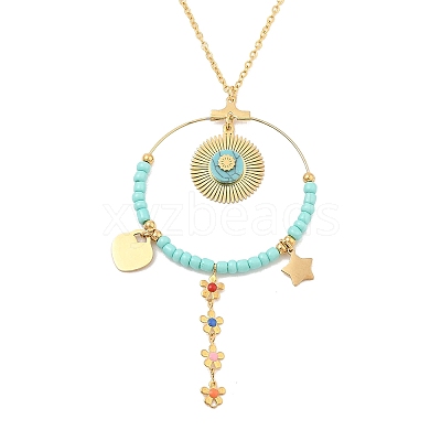 Boho Plasic Bead & 304 Stainless Steel Flower & leaf Pendant Cable Chain Necklaces for Women NJEW-A032-07G-02-1