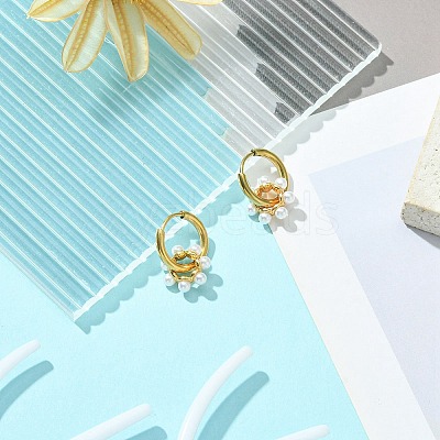 Brass Flower with Plastic Pearls Beaded Dangle Hoop Earrings EJEW-JE05277-1