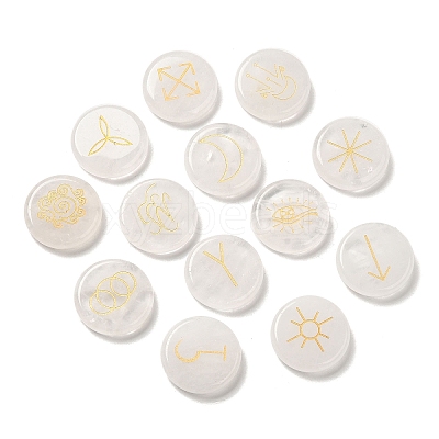 13Pcs Flat Round Natural Quartz Crystal Rune Stones G-K335-08G-1