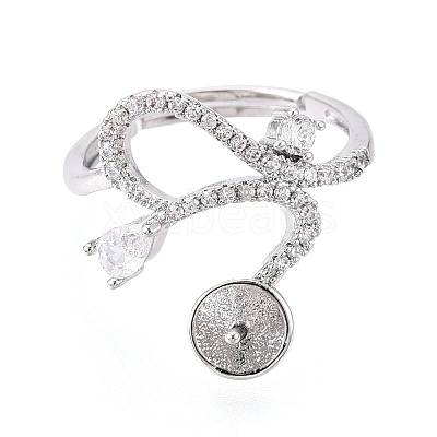 Curve Shape Brass Micro Pave Clear Cubic Zirconia Adjustable Ring Settings KK-T076-46P-1
