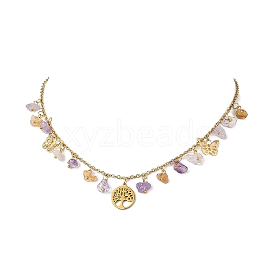 304 Stainless Steel Tree of Life and Nuggets Natural Ametrine Pendant Bib Necklaces for Women NJEW-JN05665-1
