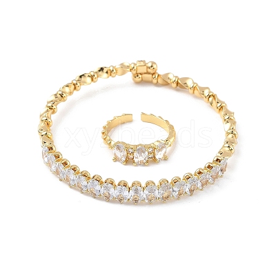 Oval Brass Micro Pave Cubic Zirconia Cuff Bangles & Rings Sets for Women SJEW-R002-06G-08-1