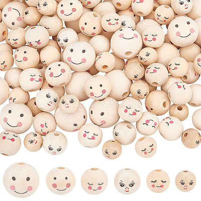 120Pcs 6 Styles Printed Natural Wood European Beads WOOD-PH0002-58-1