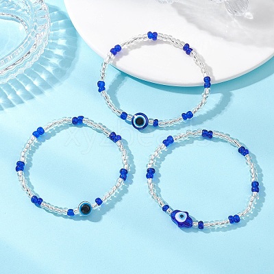 3Pcs Glass Seed Beads & Lampwork & Resin Beads Stretch Bracelets for Women BJEW-MZ00282-1